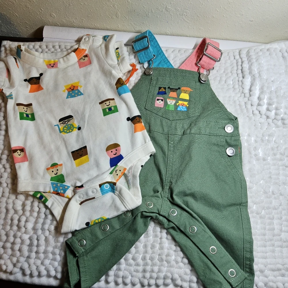 1 Christian Robinson print overalls and onsie size 0/3 mos